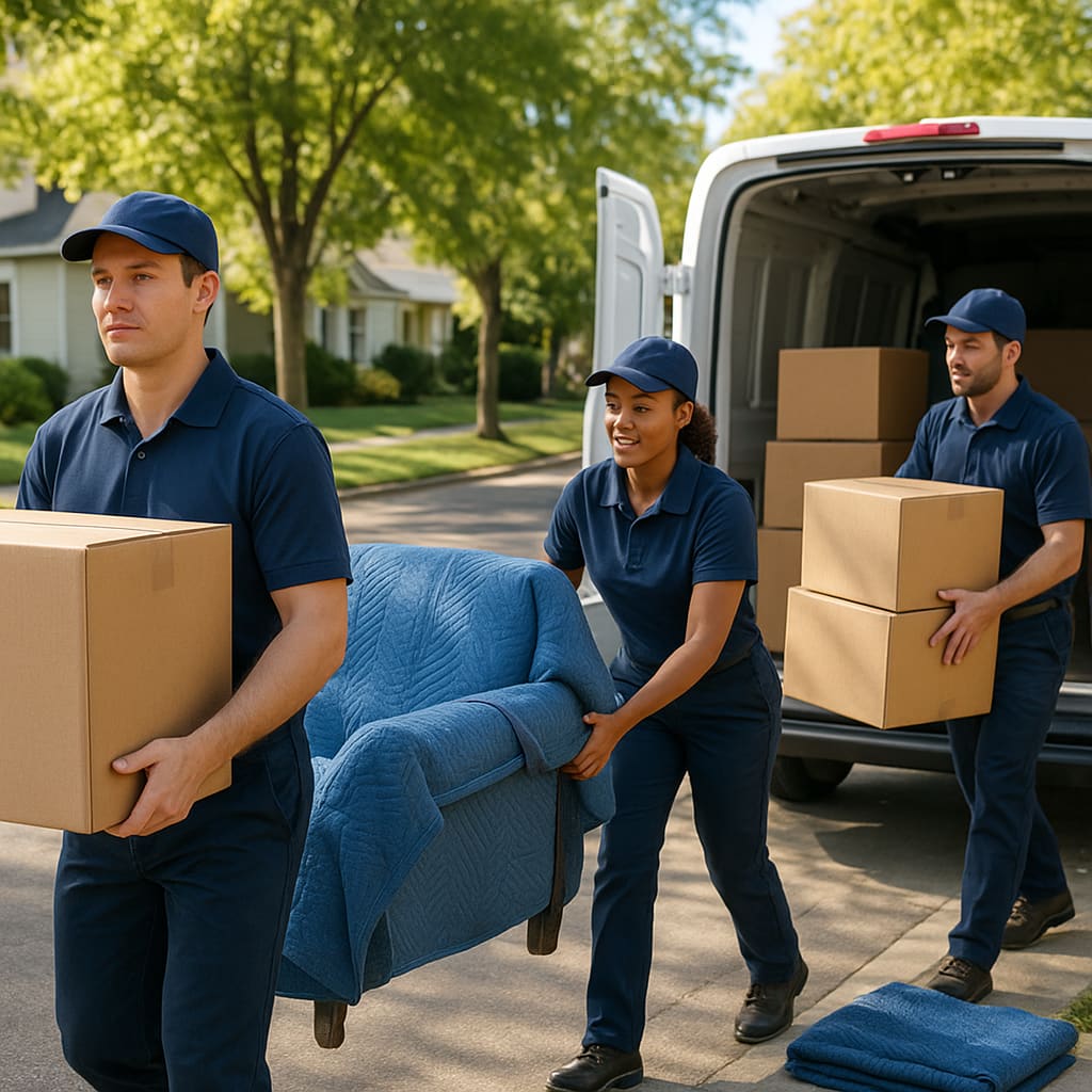 Professionelle Umzugshelfer tragen Kartons und behandeln Möbel sorgfältig in einer hellen Wohnstraße
