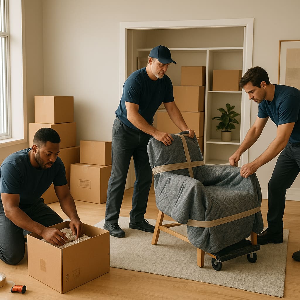 Umzugshelfer verpacken Haushaltsgegenstände in Kartons und sichern Möbel für den Transport in einer modernen Wohnung